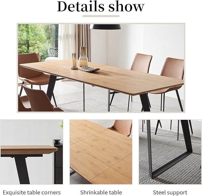 ZckyCine 7-Piece Dining Set, 51"-67" Expandable Mid-Century Modern Table with 6 Chairs, Leather Seat & Backrest, Metal Frame, Oak/Black for Dining Room/Home