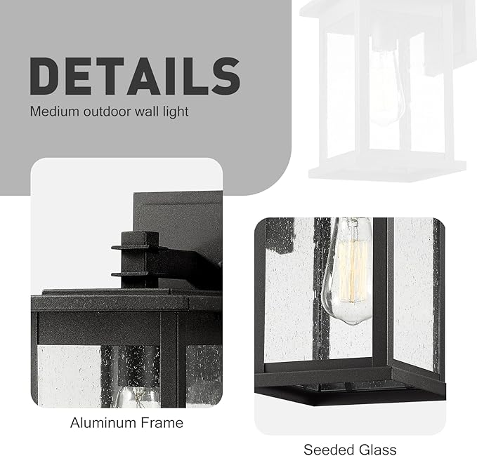 Emliviar Outdoor Wall Mount Lights 2 Pack, 1-Light Exterior Sconces Lantern in Black Finish with Clear Seeded Glass, OS-1803EW1-2PK