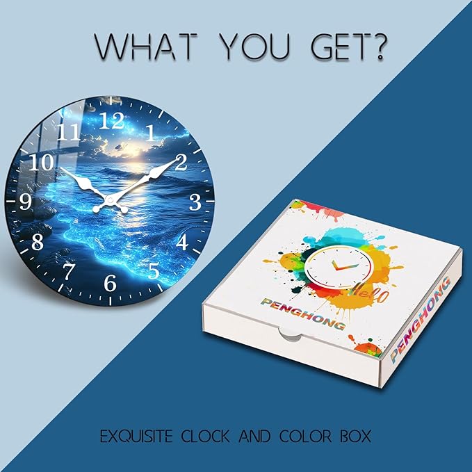 Beach Wall Clock 12 inch Battery Operated Modern Blue Wall-Clock Sea Star Pattern Clocks Analog Wooden Clock Non Ticking for Bedroom, Office Decor