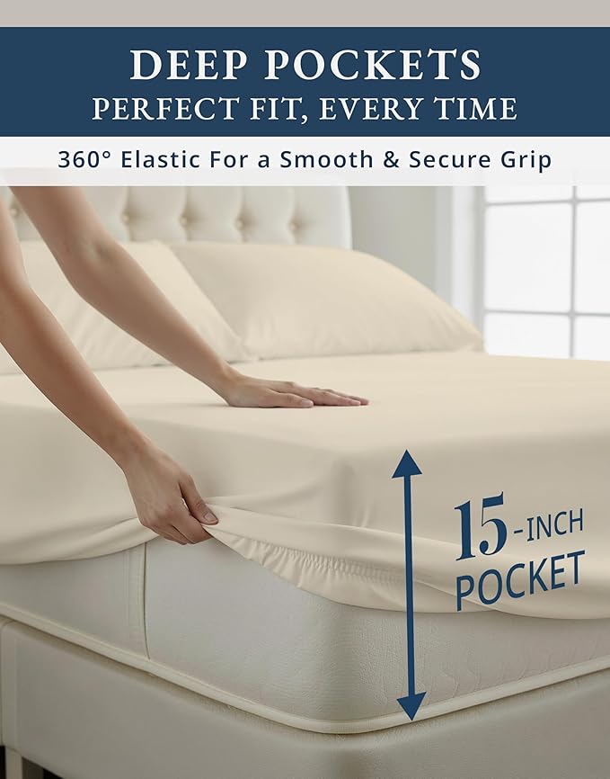 LANE LINEN 100% Egyptian Cotton Bed Sheets Twin XL, Long Staple Soft & Comfy Sateen Weave No Pill Fade Resistant Machine wash Extra Long Twin Sheets for Hospital Bed - Ivory