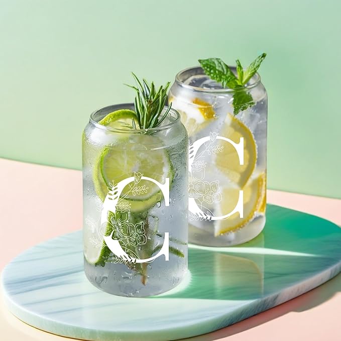 Unique Initial Glass Cup with Lids and Straws, Monogrammed Gifts Box Included Makeup Bag, Christmas Birthday Gifts for Women Mom Sister Grandma, C
