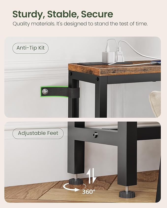 62.99" Console Table with Charging Station, Narrow Long Behind Couch Table, with 2 AC Outlets, 1 USB-A Port and 1 Type-C Port Rustic Brown and Black TXG26UBF