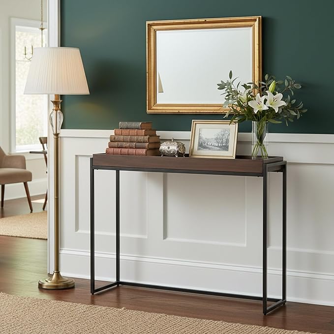 Narrow Console Table Solid Wood, Slim Entryway Table with Storage Groove, Farmhouse Small Sofa Table Behind Couch for Hallway, Living Room, Foyer(Brown 9.8" W,63" Lx31.5 H)