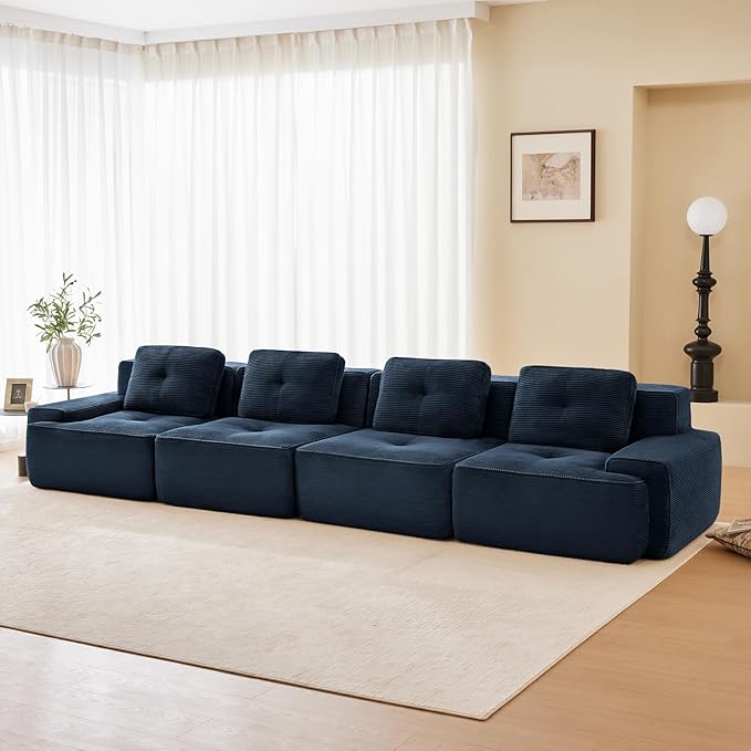 150" Modern Corduroy Cloud Sofa, Boneless Modular Large Sectional Couches for Living Room, Blue 4 Seater Compressed Memory Foam Couch, Extra Deep Seat, No Assembly