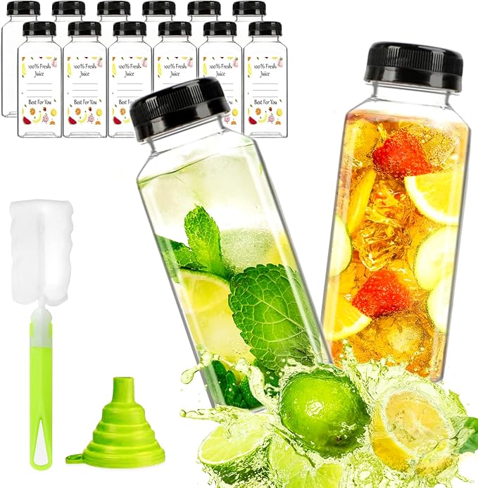 12pcs 12oz Plastic Juice Bottles, Reusable Juice Containers with Black Tamper Proof Lids, Brush, Funnel and Labels, Clear Juice Containers for Juicing, Smoothie and Homemade Beverages