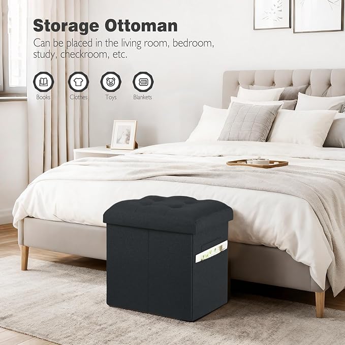 Storage Ottoman Foot Rest with Thicker Foam Padded Seat. 61L Slim Tall Small Bench with Storage. Linen Folding Footstool Bench for Living Room, Bedroom. 350lbs Load Capacity, 17x13x17in, Gray Black