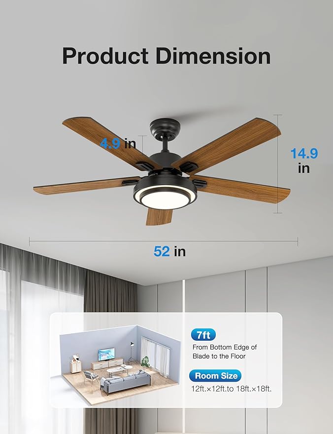 warmiplanet Indoor Ceiling Fans with Lights and Remote Control, 52 Inch, 6 Speeds Reversible DC Motor, 3 Color Dimmable Light, Timer, Noiseless, Black/Dark Walnut, 5-Blades