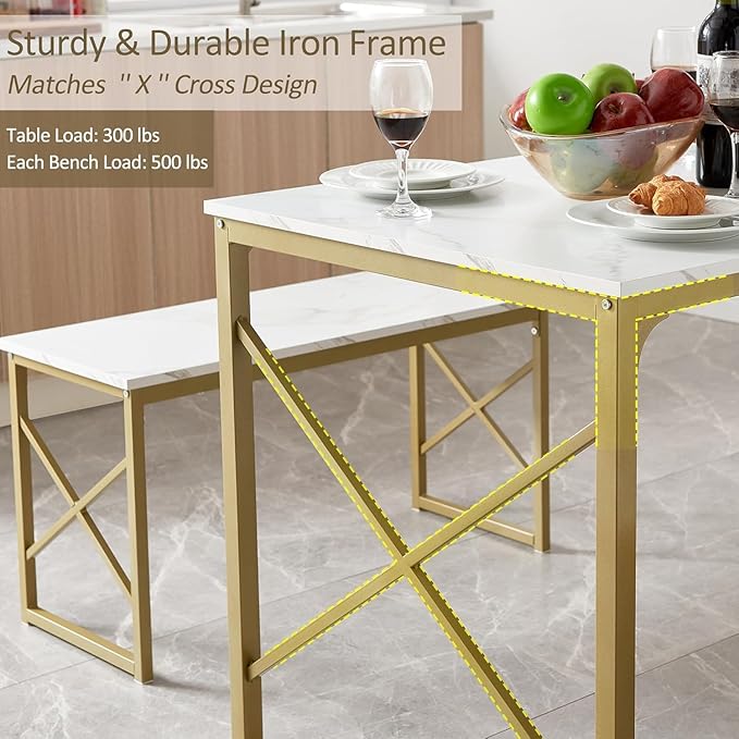 VECELO Kitchen Dining Table Benches Set for 4, 43.3" Wooden Dinette with 2 Benches, Heavy-Duty Dining Room Table for Small Space, Breakfast Nook, Gold