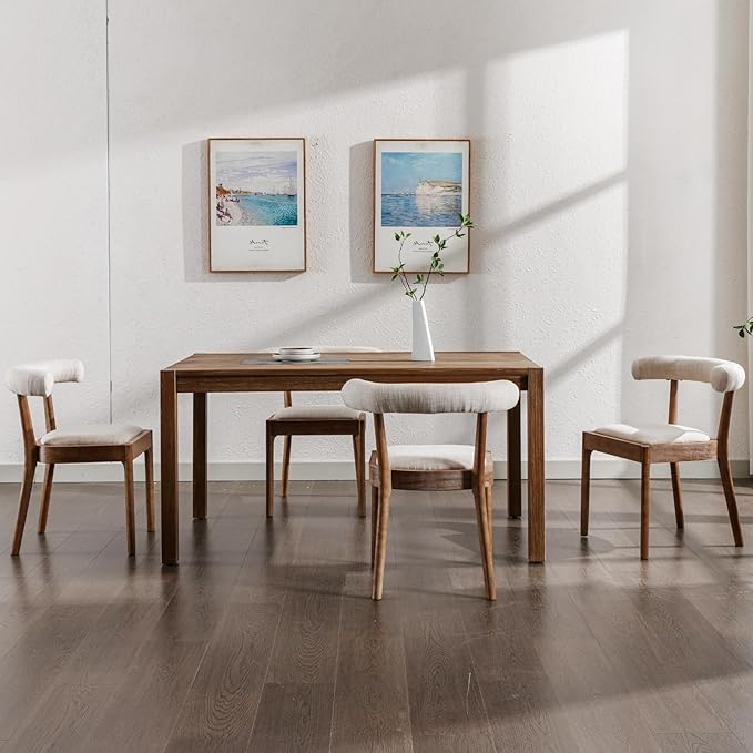 Kmax Dining Room Chairs Mid-Century Modern Fabric Kitchen Chairs with Natural Walnut Finished Frame, Linen Curved Back, 2-Pcs Set, Beige