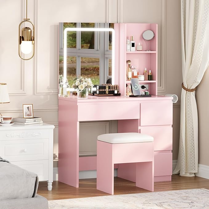 GarveeHome Vanity Desk with Mirror and Lights - Modern Makeup Dressing Table with Outlets, Storage Stool, 4 Drawers & Hair Dryer Holder - 3 Colors LED Vanity Mirror, Vanities for Bedroom, Pink