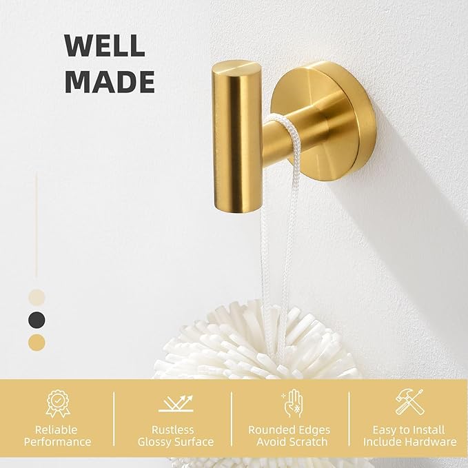 Angle Simple Bathroom Towel Hook, SUS304 Stainless Steel Bath Towel Holder, Robe Hook for Wall, Brassy Gold