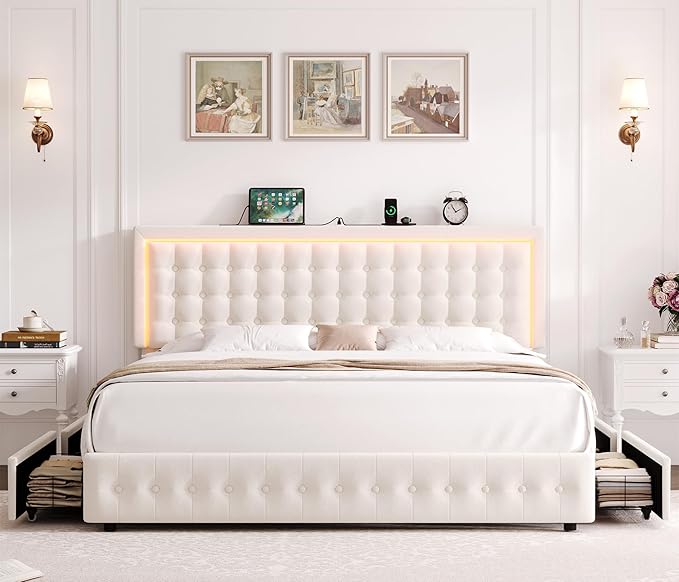 HIFIT Upholstered Full Size LED Bed Frame with Charging Station and 4 Large Storage Drawer, Velvet Button Tufted Full Platform Bed with Adjustable Headboard, No Box Spring Needed, Easy Assembly, Beige