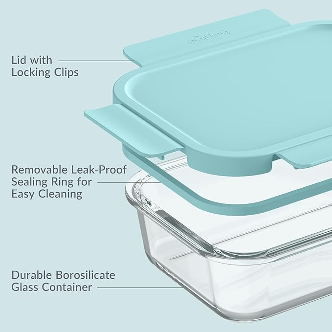 Bentgo Glass Leak-Proof Food Storage Set - 4-Piece Glass Containers with BPA-Free Airtight Lids, Reusable & Durable for Leftovers & Meal Prep - Microwave, Freezer, Oven & Dishwasher Safe (Soft Aqua)