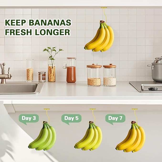 Banana Hanger Hook – Space Saving Banana Holder Hanger to Keep Bananas Fresh, Self Adhesive and Screw Banana Hook 3Pack Gold
