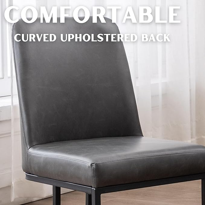 Charcoal PU Leather Dining Chairs Set of 2 Mid Century Modern Comfortable Dining Room Chair with Curved Backrest, Upholstered Kitchen Side Chairs with Black Metal Legs