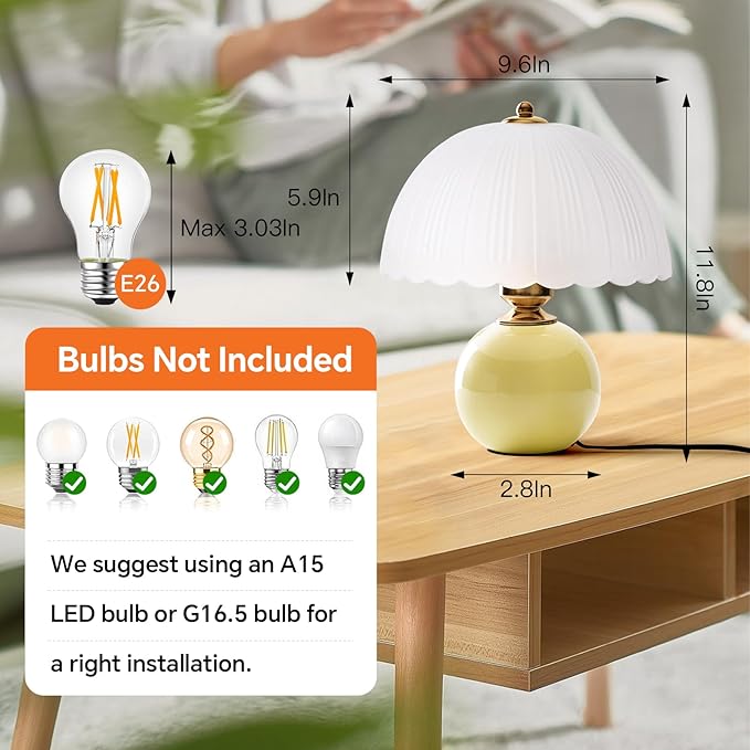 Ceramic Table lamp Set of 2, Modern Bedside Lamps Mid Century Vintage Desk Lamp Retro Glass Mushroom Traditional Lamp for Nightstand Living Room Bedroom Home Decor (S05YE-2PACK)