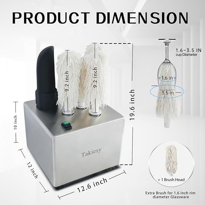 Commercial Glass Polisher Machine with 6 Microfiber Brushes, 330 Cups/Hour, 136℉ Warm Air Drying & LFGB Certified Heads, Stainless Steel Build for Wine Beer Glasses in Bar Restaurant Hotel