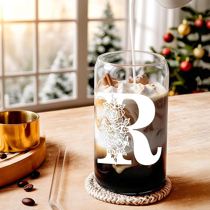 DWTS DANWEITESI Birthday Gifts for Women: Initial Glass Cup as Office Graduation Memorial Holiday Personalized Gifts - for Teacher Employee Nurse Coworkers Bridesmaid Bride - R Aesthetic Cup