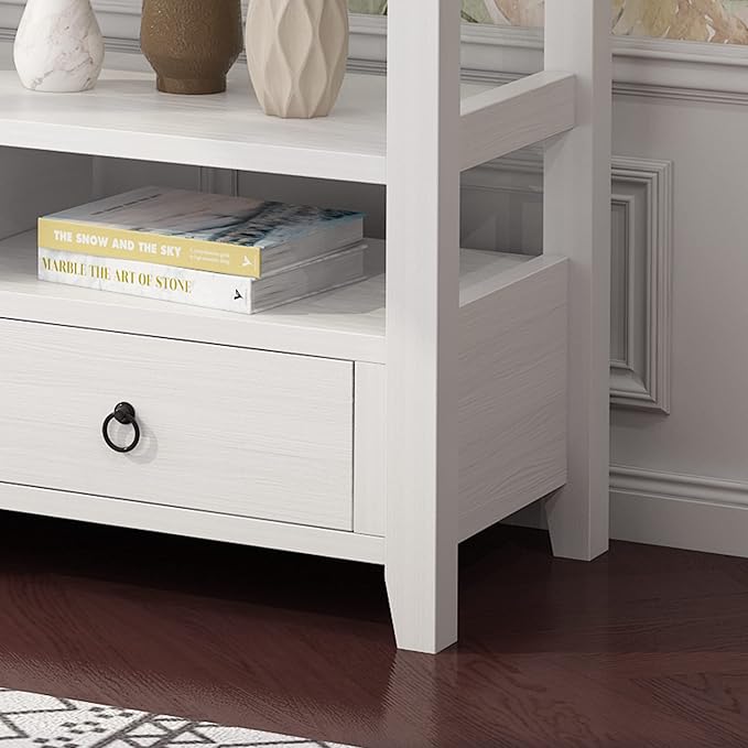 Karl home Console Table with 3 Bottom Drawers, 57.9" W Sofa Side Table Entryway Desk with 3 Storage Cubbies 1 Open Shelf, Vintage TV Stand for Hallway Living Room Office, White 29.9" H