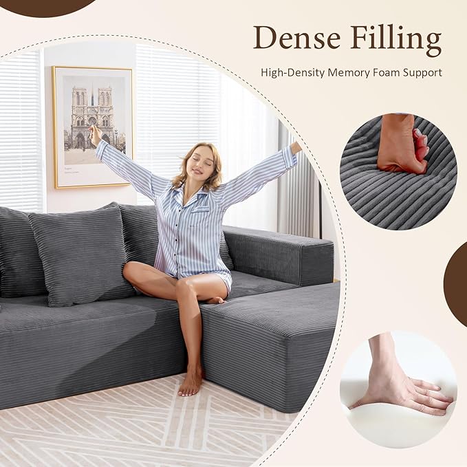 INGEROOM 108" Cloud Sectional Couch with L-Shape Chaise, Modular Sofa Memory Foam, 3 Module Boneless Sofa with Movable Ottoman, Upholstered Couches for Living Room, No Assembly Required, Dark Gray