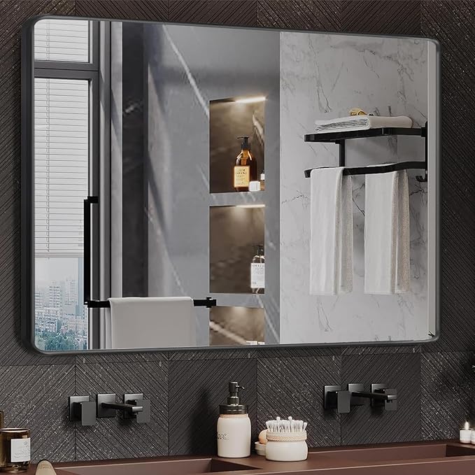 Black Framed Mirrors for Bathroom,48 x 30 Inch Rounded Conner Rectangle Mirror for Wall, Matte Black Vanity Mirror with Tempered Glass,Anti-Rust,Hangs Horizontally or Vertically