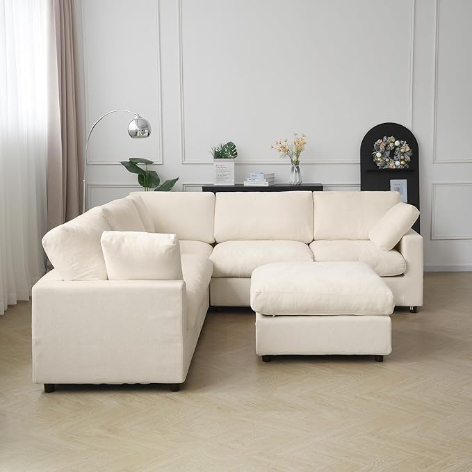 JACH V Shape Sectional Couches with Chaise Ottoman, Convertible Modular Sofa, Cloud Sectional Couch, Sofa Covers Washable, Minimalist Couch for Living Room, Apartment, Beige
