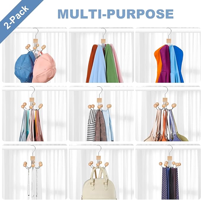 TOPIA HANGER Sweatshirt Hangers 2-Pack with 6 Wooden Balls, Purse Hanger, Scarf Hanger, Wooden Closet Hooks, Handbag Organizer, Bra Hanger, Accessory Organizers for Scarf, Tanktop, Hat, Hoodie CT82N