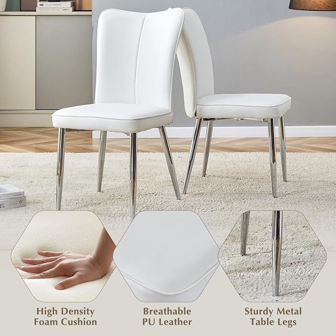 Glass Dining Table Set for 6,Dining Room Table Set for 6,Kitchen Table Set with 6 PU Leather Chairs,63'' Glass Dining Table Set with Silver U-Shaped Table Legs and Rectangular Base