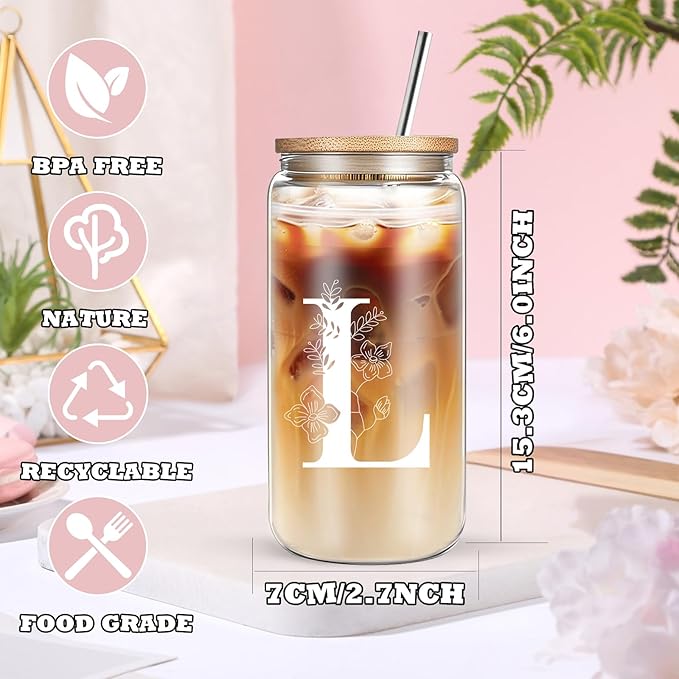 Unique Initial Glass Cup with Lids and Straws, Monogrammed Gifts Box Included Makeup Bag, Christmas Birthday Gifts for Women Mom Sister Grandma, L