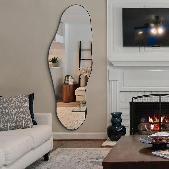Irregular Mirror Full Length, 63"x22.5" Large Asymmetrical Wall Mirror, Black Metal Frame Abstract Decorative Mirrors for Living Room Bathroom Bedroom Hallway Entryway Fireplace