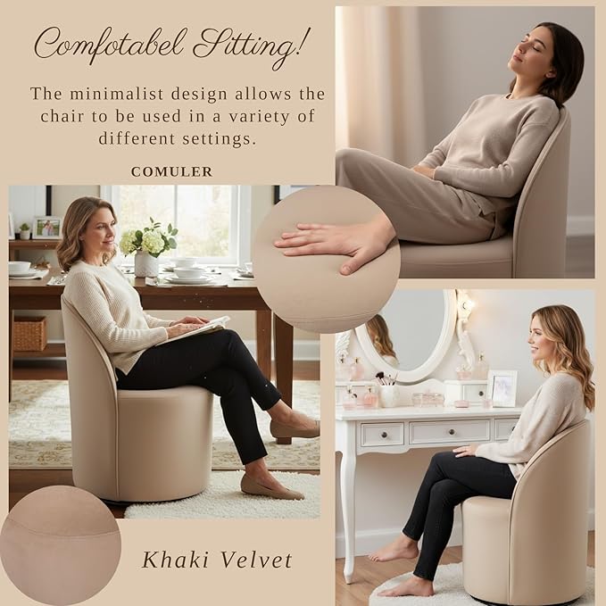 Modern Barrel Dining Chairs Set of 6, Swivel Base Khaki Accent Chair 360°Rotating Vanity Chair Mid-Century Dining Side Chair Kitchen Chair for Living Room, Bedroom, Home, Office, Kitchen