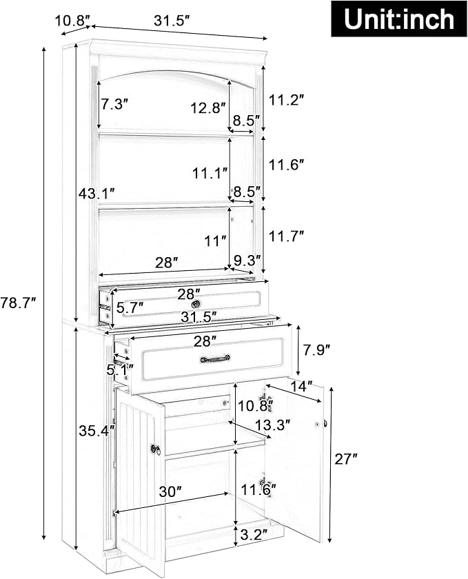 Tall Cabinet with 2 Drawers and Doors, Multi-Functional Storage Unit Set/Bookcase, Kitchen Cabinets, Pantry Cupboard for Living Room/Home Office/Bathroom, White