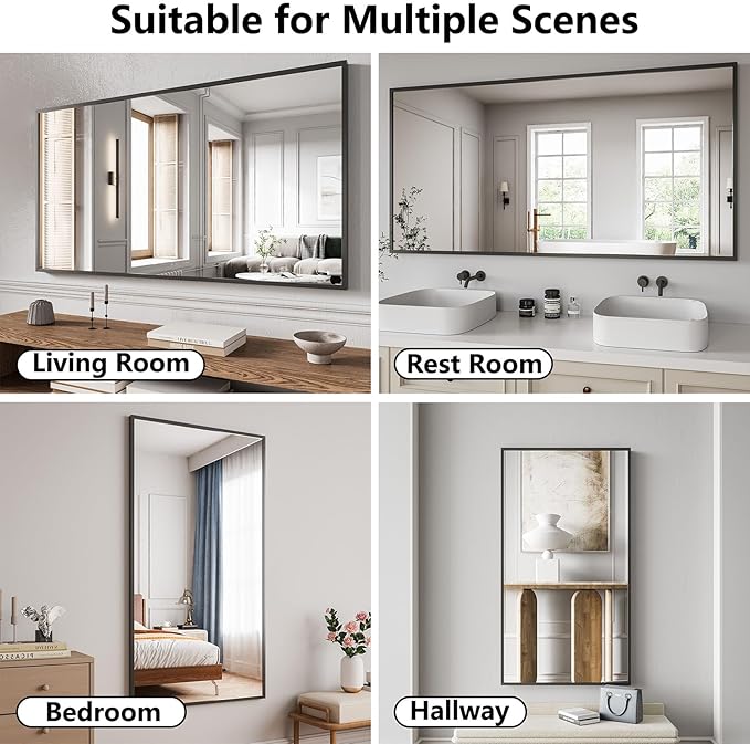 Bathroom Mirror 30"x55" Matte Black Rectangle Bathroom Wall Mirror for Over Sink, Modern Large Vanity Mirror, HD Tempered Glass, Anti-Rust Aluminum Alloy Frame, for Living Room, Bedroom, Entryway