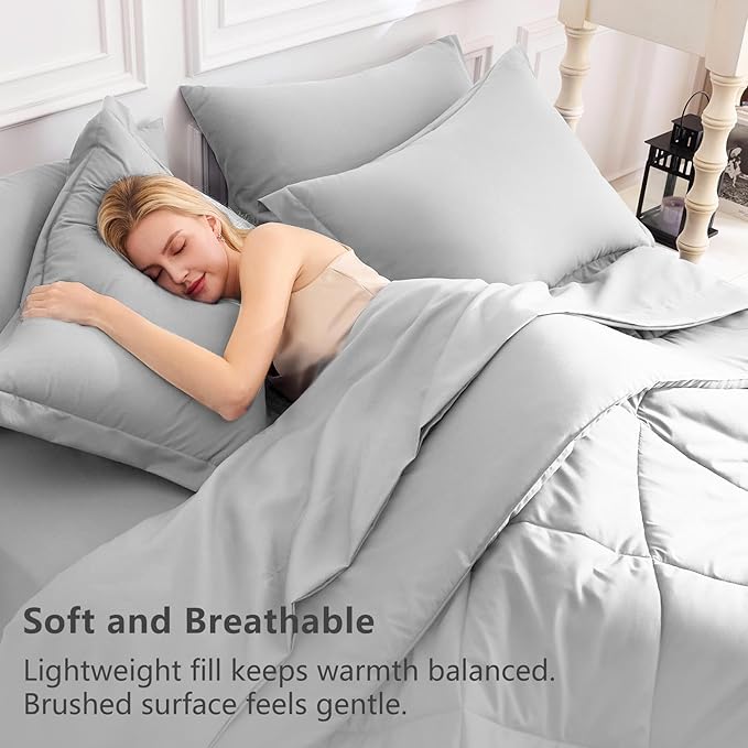 CozyLux Queen Comforter Set Light Grey - Bed in a Bag Queen Size 7 Pieces, Luxury Soft Bed Set for All Seasons, Bedding Set with Down Alternative Comforter, Sheets, Pillowcases & Shams