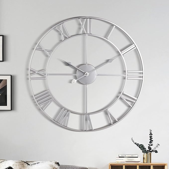 1st owned Large Wall Clock, Metal Retro Roman Numeral Clock, Modern Round Wall Clocks Almost Silent, Easy to Read for Living Room/Home/Kitchen/Bedroom/Office/School Decor (Silver, 16 Inch)