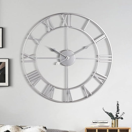 1st owned Large Wall Clock, Metal Retro Roman Numeral Clock, Modern Round Wall Clocks Almost Silent, Easy to Read for Living Room/Home/Kitchen/Bedroom/Office/School Decor (Silver, 16 Inch)
