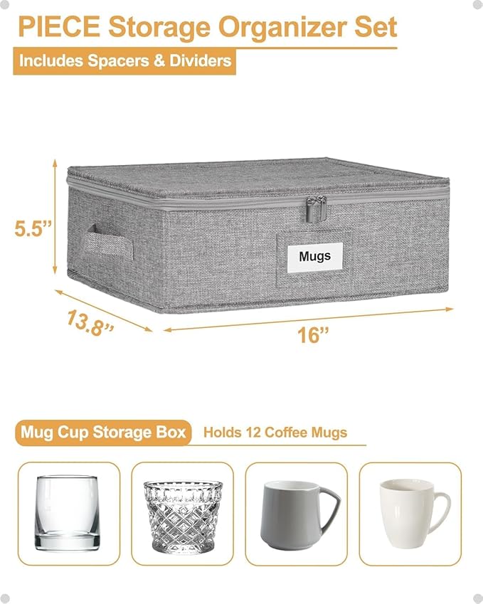 punemi 6-Piece China Storage Containers, Mug & Cup Organizer, Wine Glass Storage Boxes with Dividers & Carry Handles, Structured Moving Boxes for Dinnerware, Glassware, and Stemware ,Grey