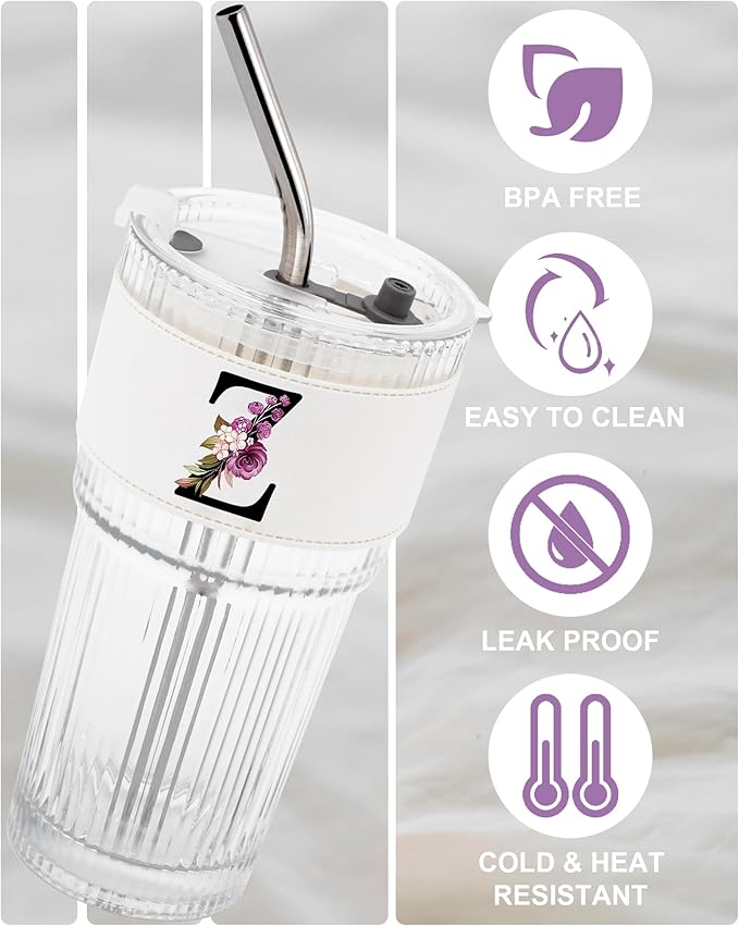 Initial Glass Cup with Lid Coffee Latte Tumbler Women Straw Ribbed Ice Tea Matcha Teacher Female Best New Appreciation Thank you Favorite Good Goodbye Retirement Friends Social Student Bestie Gifts Z