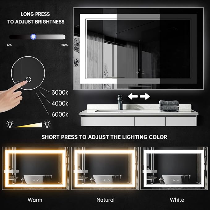 48" x 30" LED Bathroom Mirror Wall-Mounted Anti-Fog Mirror Bathroom Mirror with Lights LED Vanity Mirror Dimmable Lighted Mirrors
