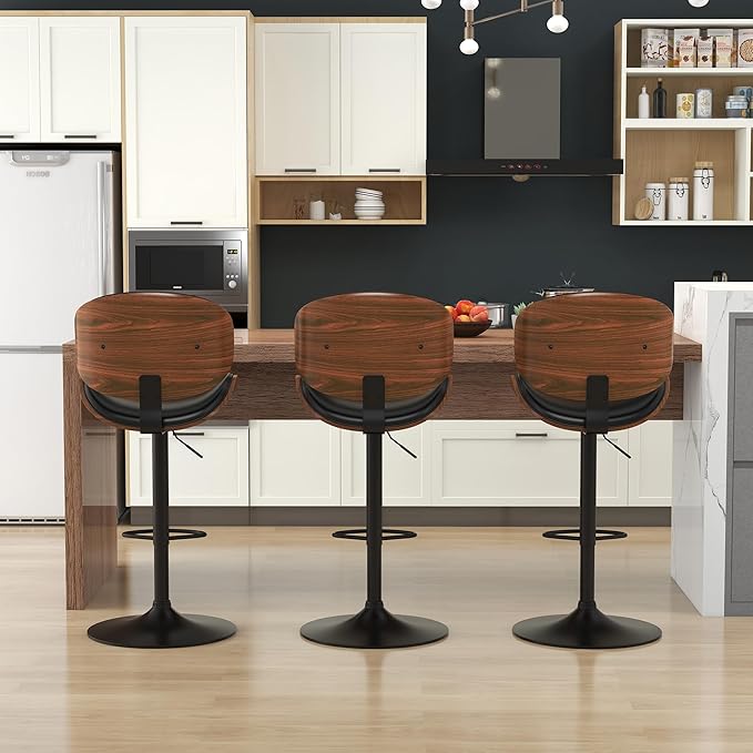 KCC Bar Stools Set of 6, Swivel Adjustable Height Barstools, PU Leather Upholstered Bar Chairs with Footrest, Bentwood Bar Stool for Kitchen, Bar, Dining Room(Black PU)