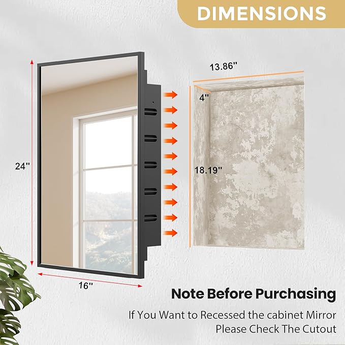 Recessed Medicine Cabinet with Mirror 16x24 inch, Mirrored Medicine Cabinets for Bathroom, Black Bathroom Mirror with Storage, Metal Medicine Cabinet with Mirror, 2 Adjustable Metal Shelves
