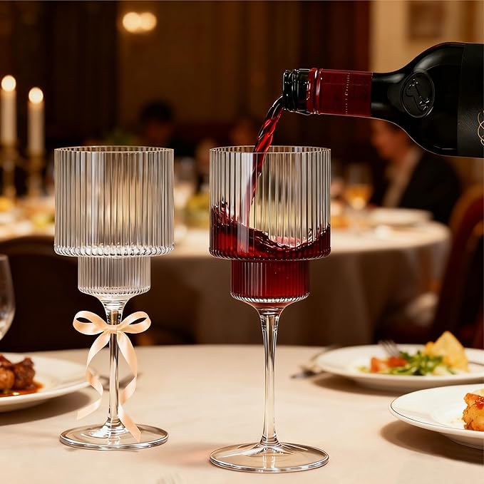 24PCS Ribbed Plastic Wine Glasses - 12oz Unbreakable Wine Glasses with Stem, Disposable Clear Plastic Champagne Cups with Ribbon for Party, Wedding, Poolside, Outdoor, Camping, Picnic
