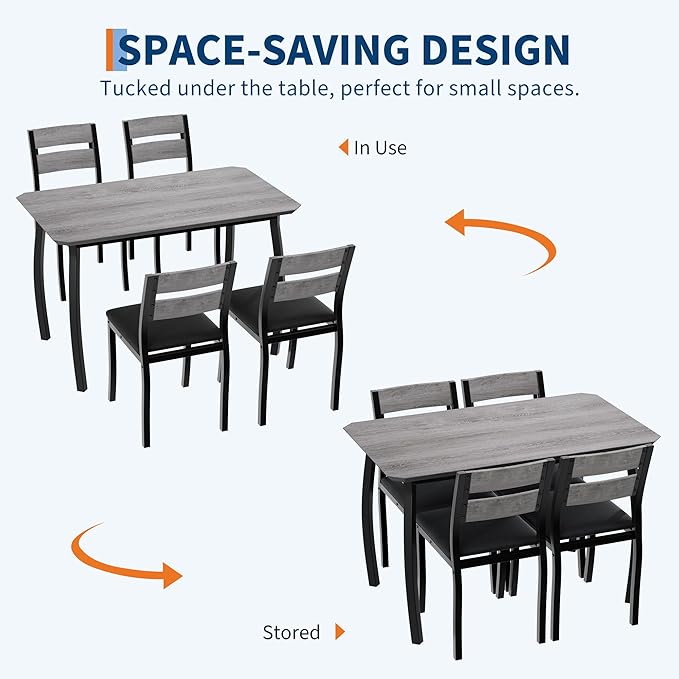 GAOMON 5 Piece Dining Table Set for 4, Space-Saving Kitchen Table with Upholstered Chairs, Modern Angled Corner Design, Compact Dinner Set for Small Spaces, Apartment, Dining Room, Grey