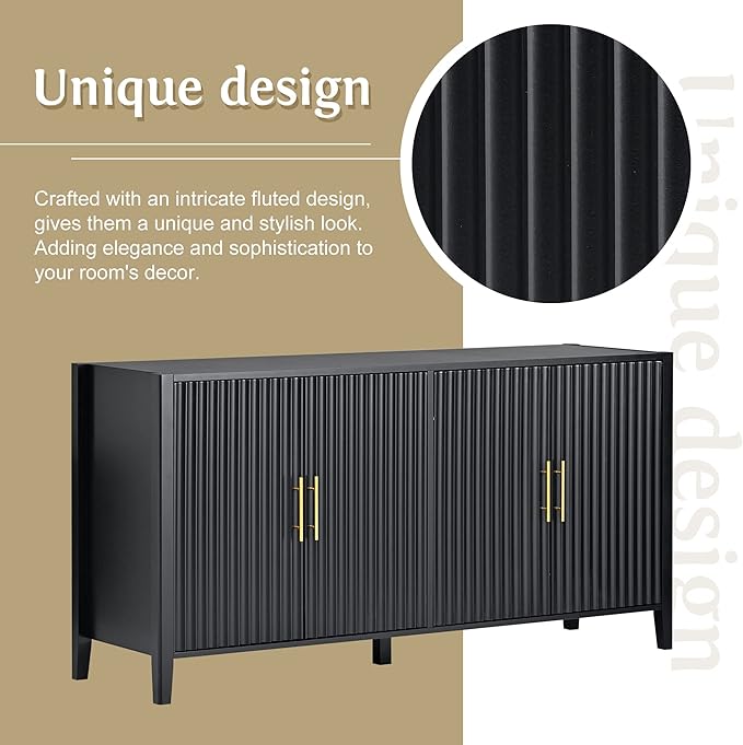 63 Inch Modern Console Table Sofa Table with 4 Doors and Metal Handles, Accent Buffet Sideboard Serving Storage Cabinet with Shelf for Living Room Kitchen (Black)