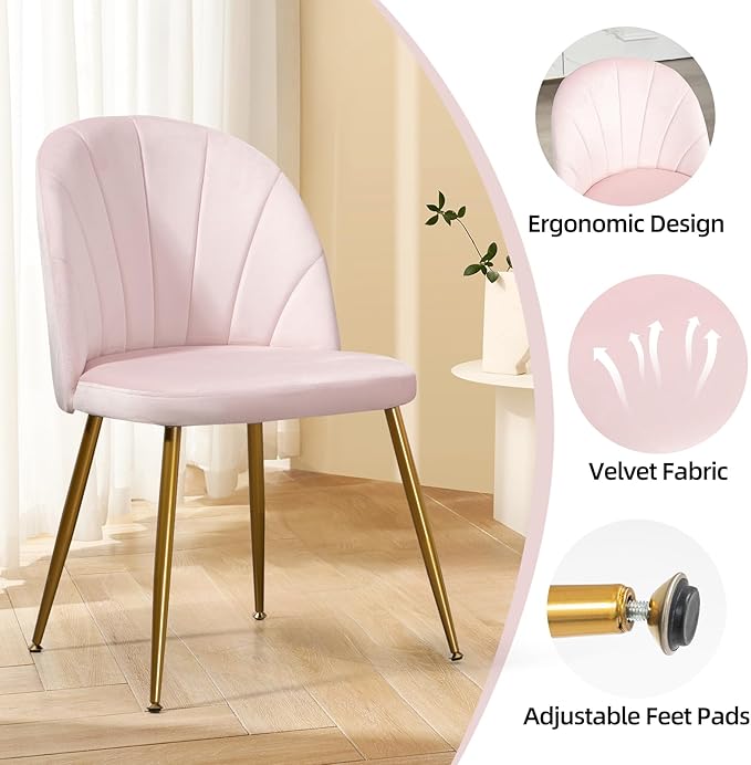 Velvet Dining Chairs Set of 6, Upholstered Mid Century Modern Dining Chairs, Armless Accent Chair with Metal Gold Legs for Living Room, Kitchen, Dining Room, Pink