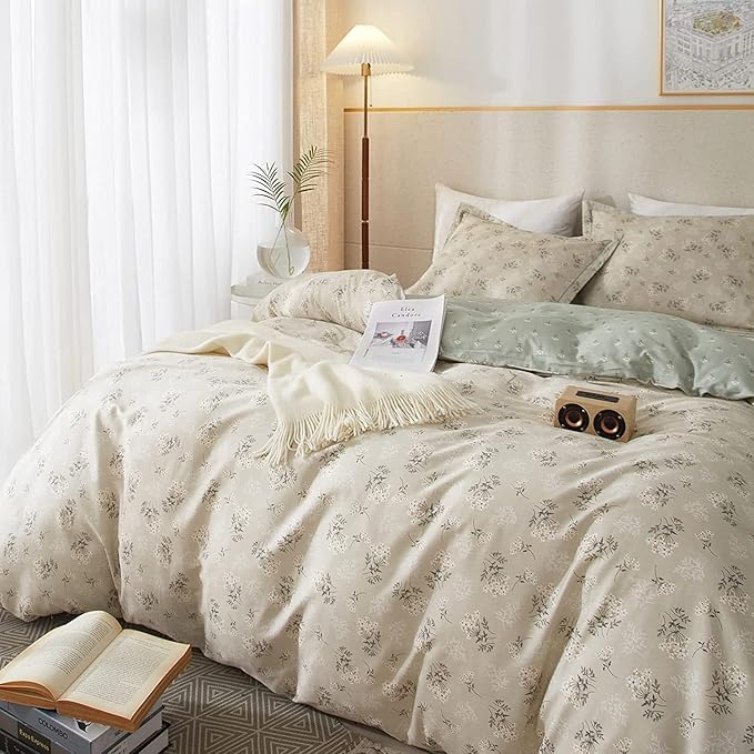 Boho Floral Duvet Cover King Soft Cotton Aesthetic Bedding Sets Chic Garden Floral Comforter Cover 1 Duvet Cover with 2 Pillowcases Botanical Floral Bedding Sets Vintage King Duvet Cover with Zipper