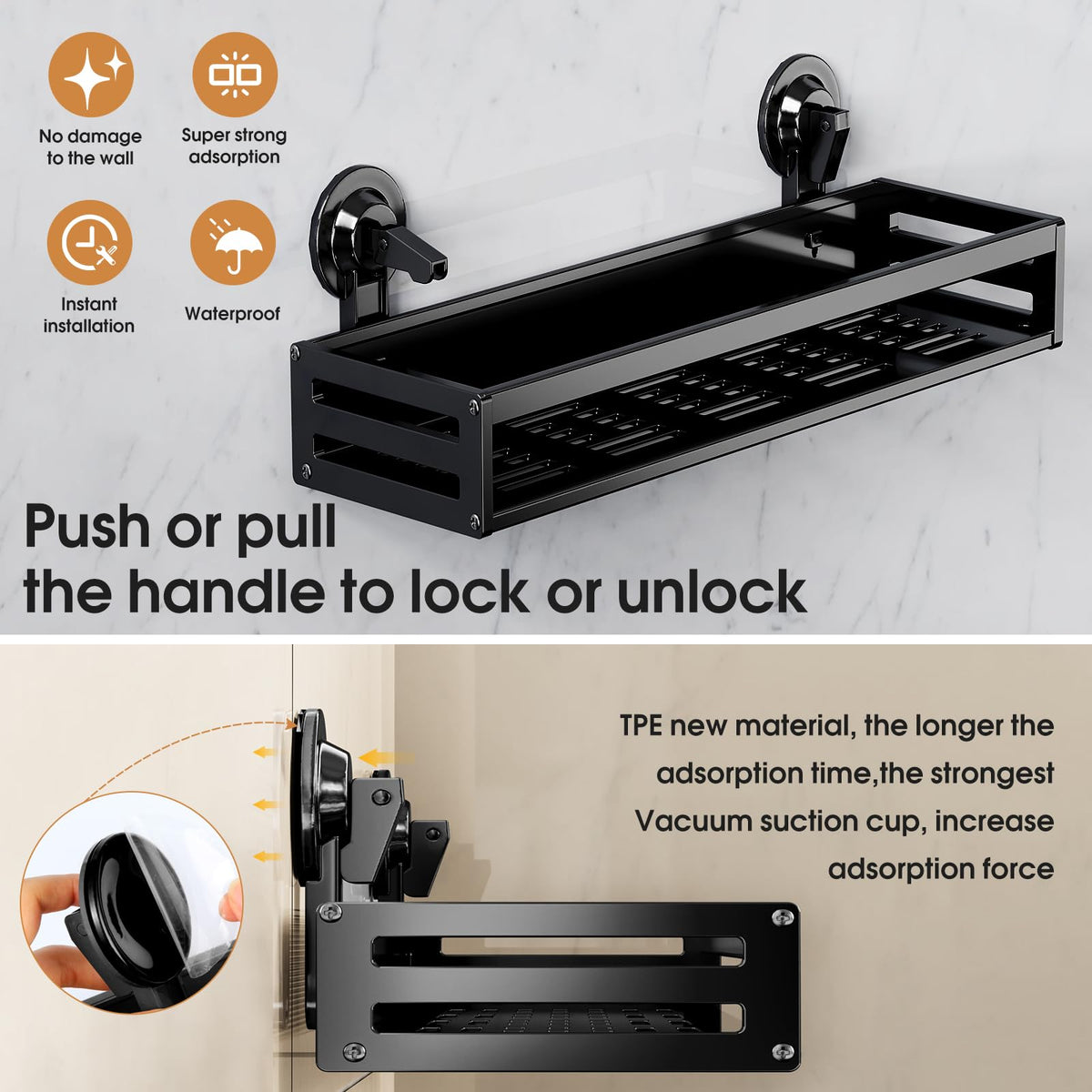 CIBOTIES Suction Cup Shower Caddy with 5 Hooks & Towel Rrack 15.7inch Black