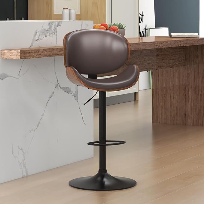 KCC Bar Stools, Swivel Adjustable Height Barstools, PU Leather Upholstered Bar Chairs with Footrest, Bentwood Bar Stool for Kitchen, Bar, Dining Room(Brown PU)