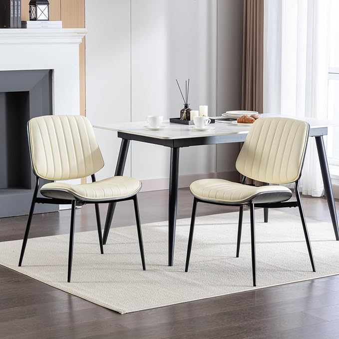 Dining Chairs Set of 8, Mid Century Modern Accent Dining Room and Kitchen Chairs, Upholstered PU Leather Vertical Stripe Chairs for Vanity with Walnut Bentwood and Metal Legs, Beige