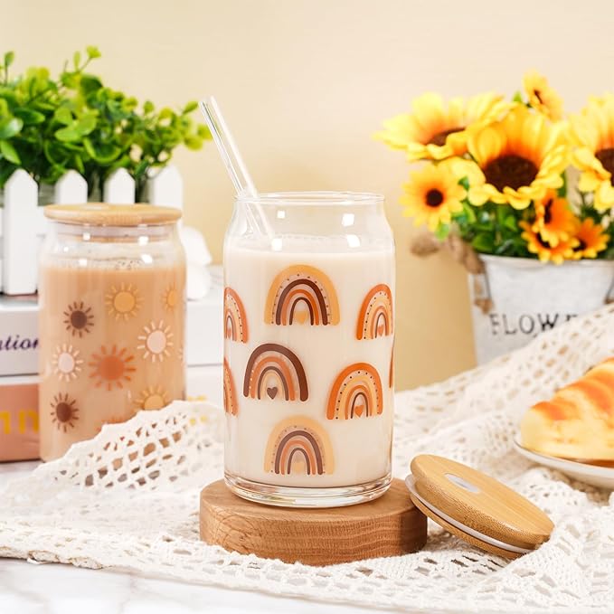 Whaline 6 Pack Boho Drinking Glasses 16oz Boho Rainbow Sun Heart Flower Glasses Cup Retro Groovy Ice Coffee Cup with Bamboo Lid Glass Straw Cleaning Brush for Cocktail Whiskey Beer Soda Gifts